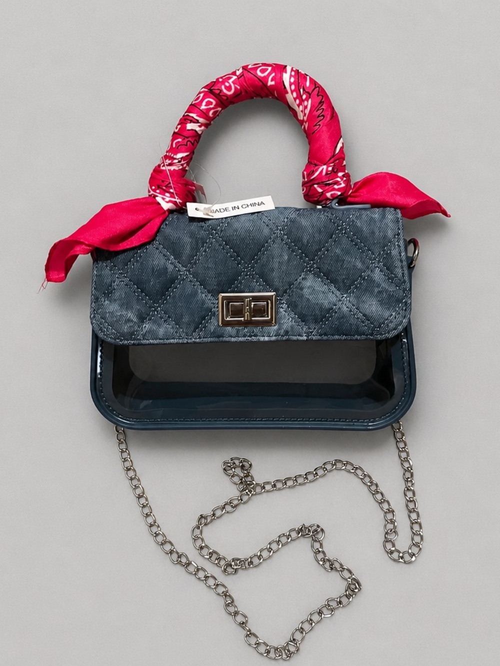 Stylish Blue Quilted Crossbody with Pink Bandana  Scarf Handle, See through bag
